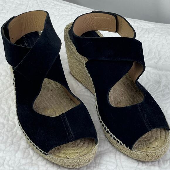 Bettye Muller Women 7 Espadrille Black Suede Strap Wedge Heel Vacation Sandal - Picture 1 of 11